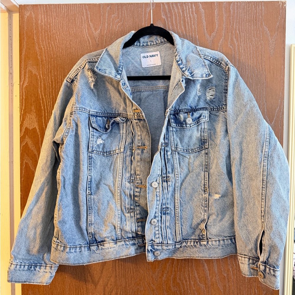 Old Navy Large Light Blue Denim Jacket with distress marks